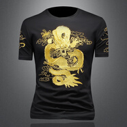 管先生中國(guó)風(fēng)龍圖案刺繡短袖T恤男圓領(lǐng)修身本命年紅色半袖小衫夏季上衣 8864黑金色 3XL