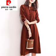 皮爾卡丹女裝針織連衣裙女秋冬2022新款中長(zhǎng)款羊毛韓版顯瘦條紋氣質(zhì)女人味 皮爾卡丹桔紅色 焦糖色 XL 皮爾卡丹