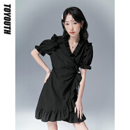初語(yǔ)TOYOUTH初語(yǔ)法式連衣裙女2022夏季新款v領(lǐng)收腰泡泡袖荷葉邊小黑裙 燈下黑 XL