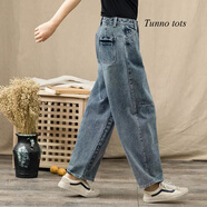 Tunno tots 香港潮牌2022春秋新款牛仔褲女BF風(fēng)格寬松直筒高腰闊腿老爹潮女 7542 牛仔藍(lán) 2XL 碼【33】