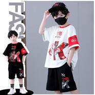 宇龍童話(huà)（elongstory）童裝短袖男童套裝帥氣中國風(fēng)男孩夏天國潮運動(dòng)兒童街舞衣服褲子 白色夏裝套裝+項鏈 170 碼建議身高1.5-1.55米左右