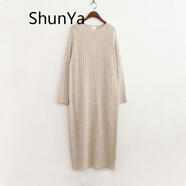 shunya 香港潮牌 針織連衣裙女秋冬女裝寬松羊毛針織衫打底毛衣加厚保暖中長(zhǎng)款過(guò)膝毛衣裙子 杏白色 S(90-110)斤