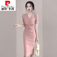 皮爾卡丹（pierre cardin）女裝真綢絲連衣裙子夏季2024新款高級(jí)感名媛職業(yè)包臀裙御姐范針織 粉色現(xiàn)貨 M