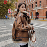 皮爾卡丹（pierre cardin）羊羔毛機車(chē)服女冬季加厚東北感皮毛一體麂皮寬松加絨皮衣外套 棕色【升級加厚款】 L 建議141-160斤