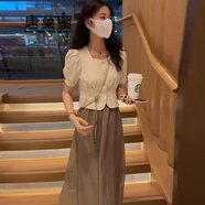 唐菓蜜連衣裙女夏季2024年新款女裝韓版時(shí)尚百搭甜美泡泡袖顯瘦港風(fēng)裙子 杏色上衣+卡其色裙 M