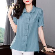 OKOJ品牌定制短袖純棉襯衫女夏季新款雙排扣純色寬松休閑翻領(lǐng)襯衣 藍(lán)色 3XL