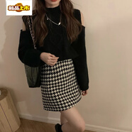 初徑大碼胖mm千鳥格毛呢半身裙女秋冬配毛衣高腰格子包臀裙遮胯長裙子 黑色短裙 S