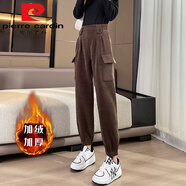 皮爾卡丹（pierre cardin）加絨工裝褲女秋冬韓版新款燈芯絨束腳哈倫褲加厚休閑長(cháng)褲子 咖啡色-加.絨 M