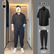 軒森圖（XUANSENTU）微胖男生顯瘦穿搭夏季短袖T恤男條紋連帽半袖體恤寬松大碼胖子潮 CS01黑色+黑色褲子 3XL (185) 建議180-200斤