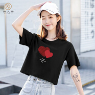 KUFANXI品牌原創(chuàng) 短款T恤女夏裝短袖2024年新款寬松小個子高腰上衣露臍潮 涂鴉雙心-黑色 M