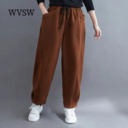 WVSW潮牌加絨針織哈倫褲女2024冬季新款韓版寬松百搭時尚休閑褲 咖啡色 L【建議95-140斤】