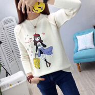 十幾歲青少女高中學(xué)生初中女生毛衣秋冬毛線衣中學(xué)生毛衣女印花韓版學(xué)院風(fēng)秋薄款少女卡通可愛(ài)針織打底衫 美女米白 S【加絨建議拍大一號(hào)