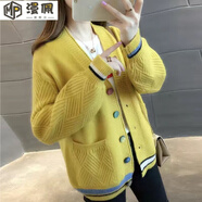 漫佩 2022秋裝新款純色V領(lǐng)開衫女中長款毛衣外套寬松韓版長袖針織衫潮 彩扣黃色【保證】 XL【建議120-130斤】