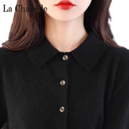 拉夏貝爾（La Chapelle）春裝款100羊絨衫女開衫襯衣領(lǐng)精致POLO領(lǐng)長袖毛衣羊毛打底針織衫 純100自動發(fā)熱黑色 純100自動發(fā)熱L