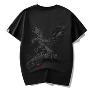 街派一族國潮中國風(fēng)男裝鳳凰刺繡純棉t恤男 重工國風(fēng)打底衫純棉情侶T恤 黑色 L