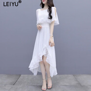 蕾遇LEIYU法式連衣裙女潮牌女裝夏季新款韓版時(shí)尚氣質(zhì)松緊腰圓領(lǐng)不規(guī) 白色  2XL