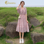 曼蓄（MANXU）小個(gè)子連衣裙溫柔風(fēng)收腰裙子2025夏季新款女裝氣質(zhì)女神范碎花裙女 紅色 M （建議100-110斤）
