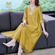 鹿王戀雪亞麻棉麻絲麻連衣裙女夏新款高端洋氣早春苧麻裙子40歲媽媽 黃色 L 建議100-115斤