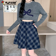 啄木鳥(niǎo)高腰格子大擺A字傘裙2025秋冬款韓版減齡毛呢半身裙顯瘦氣質(zhì)中裙 藍色 M