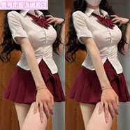 壹號鳳JK制服學(xué)院風(fēng)修身純欲辣妹收腰顯瘦白色襯衣設計感小眾短袖襯衫女 套裝 短袖襯衫+酒紅百褶裙+紅領(lǐng) XL