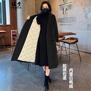 綠夕中長(cháng)款毛呢大衣女士2025新款高端外套女呢子秋冬季加絨加厚高級感 黑色【白鴨絨內膽】 XL （建議155-180斤）