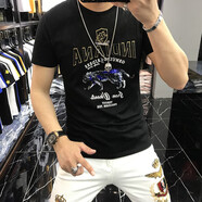 catwick 2022新款歐洲站男士T恤個(gè)性潮流豹子亮片刺繡帥氣網(wǎng)紅圓領(lǐng)短袖男 黑色 5XL