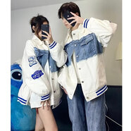 BOYXCO春秋季牛仔外套男女寬松情侶歐美街頭嘻哈冬加絨潮流學生工裝夾克 白色【單件】 XL