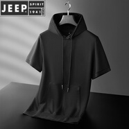 JEEP SPIRIT歐洲站純色版男士半袖衛(wèi)衣 2023春夏新款休閑運動連帽短袖T恤男裝 黑色89000 3XL