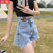 示牧新款牛仔短褲女夏寬松高腰顯瘦闊腿a字熱褲潮ins夏天薄款 淺藍色雙標短褲 M 建議90-100斤