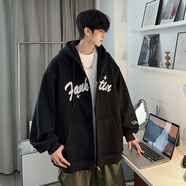NEW OR MODE重磅開衫加絨加厚衛(wèi)衣男春秋季美式復古刺繡寬松情侶連帽外套上衣 黑色 XL