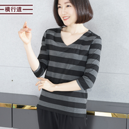橫行道2024女裝條紋t恤新款中長(cháng)袖七分袖上衣服v領(lǐng)寬松打底衫外穿春裝 黑灰 M