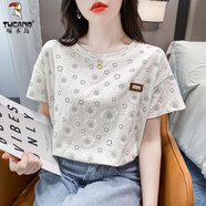 啄木鳥(niǎo)正肩棉短袖t恤夏季女裝2025新款寬松白色半袖體恤上衣夏裝ins潮 3389煙花 XL 建議126-140斤