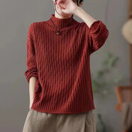 東方鴨100%純棉復古文藝冬季半高領(lǐng)毛衣女新款寬松針織衫長(cháng)袖套頭打底衫 磚紅色 3XL