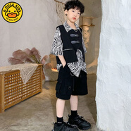G·DUCK KIDS小黃鴨三件套黑色西裝皮扣馬甲男童夏季新款機能風中大童街舞兒童 馬甲+短褲+短袖三件套(足碼) 140cm