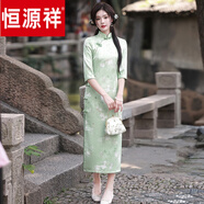 恒源祥新中式改良旗袍2024新款春季中袖復古年輕款日常麂皮絨連衣裙長(cháng)款 綠色 QJ6716綠色 M