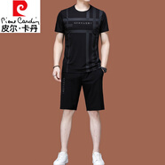 皮爾卡丹品牌休閑運動(dòng)套裝男士短袖t恤夏季冰絲男裝一套潮流圓領(lǐng)男兩件套 38109黑色短袖短褲 兩件套 M 165