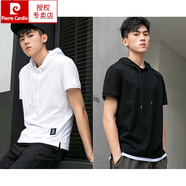 皮爾卡丹（pierre cardin）夏季百搭連帽短袖t恤男潮流帶帽運(yùn)動(dòng)嘻哈上衣帽衫衛(wèi)衣潮 白色+黑色 XXL/180 【135-150斤】