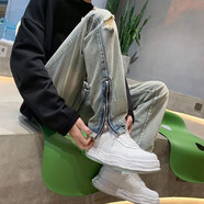 潮陣 原宿風中性牛仔褲男青春流行酷炫隨性中低腰情侶直腳休閑哈倫褲個性拖地牛仔長褲 藍色 XL