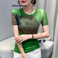 蜜莎蜜拉（Mirza Mirror）印花網(wǎng)紗短袖T恤女2025夏裝新款歐貨時尚修身洋氣別致打底上衣潮 9131# 綠色 S