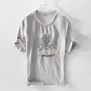 構(gòu)致（GLOY&ZENITH）亞麻短袖t恤男夏季新款大樹刺繡圓領(lǐng)寬松中國風(fēng)拼接棉麻料上衣薄 灰色 XL