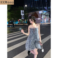 匯匯茵小個(gè)子仙女銀河玫瑰連衣裙遮肉顯瘦超仙吊帶女夏一字肩短裙 灰黑 吊帶裙 2XL碼｛建議140~160斤｝