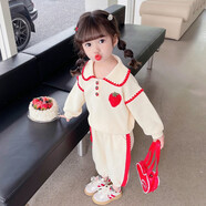小咕嘟熊童裝女童套裝夏裝兒童套裝POLOT恤褲裙兩件套運動休閑女孩服裝 米色秋 110