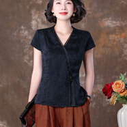 意枕上香云紗真絲短袖女裝夏上衣夏高端真絲v領襯衫上衣 黑色 3XL 建議120-135斤