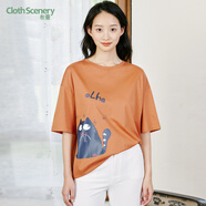 布景T恤女夏季動(dòng)物貓咪印花圓領(lǐng)短袖寬松T恤 焦糖色 M