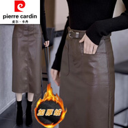 皮爾卡丹（pierre cardin）加絨皮裙半身裙女2024年秋冬季新款PU皮高腰加厚直筒包臀一步長(cháng)裙 咖色-款-song皮帶 加絨 L (105)