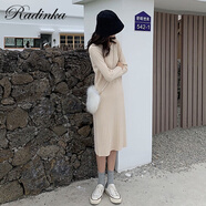 Radinka2025秋冬新款ins潮網紅針織連衣裙甜美中長款打底毛衣裙子女SYL 中長款杏色【100cm左右】 L 【105-120斤】