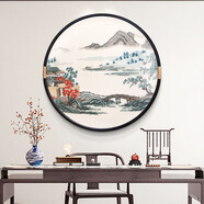 新中式玄關(guān)裝飾畫(huà)高端刺繡圓形掛畫(huà)手工實(shí)木框蘇繡成品壁畫(huà)山水畫(huà) 溪山樂(lè)居 直徑60cm