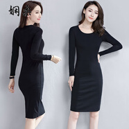 嫻柔黑色打底連衣裙女春秋中長(zhǎng)薄款緊修身內(nèi)搭小圓領(lǐng)直身連體一步長(zhǎng)裙 圓領(lǐng)602-黑色 3XL