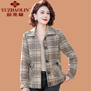 俞兆林（YUZHAOLIN）中老年女裝春裝格子毛呢外套短款媽媽春秋洋氣減齡翻領(lǐng)小西裝上衣 米色 3XL (參考120-135斤)