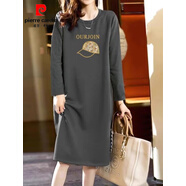 皮爾卡丹（pierre cardin）2025純棉長(zhǎng)袖長(zhǎng)裙寬松休閑過(guò)膝t恤裙簡(jiǎn)約中長(zhǎng)款連衣裙女顯瘦春秋 灰色長(zhǎng)袖(金色帽子) XL 120-140斤